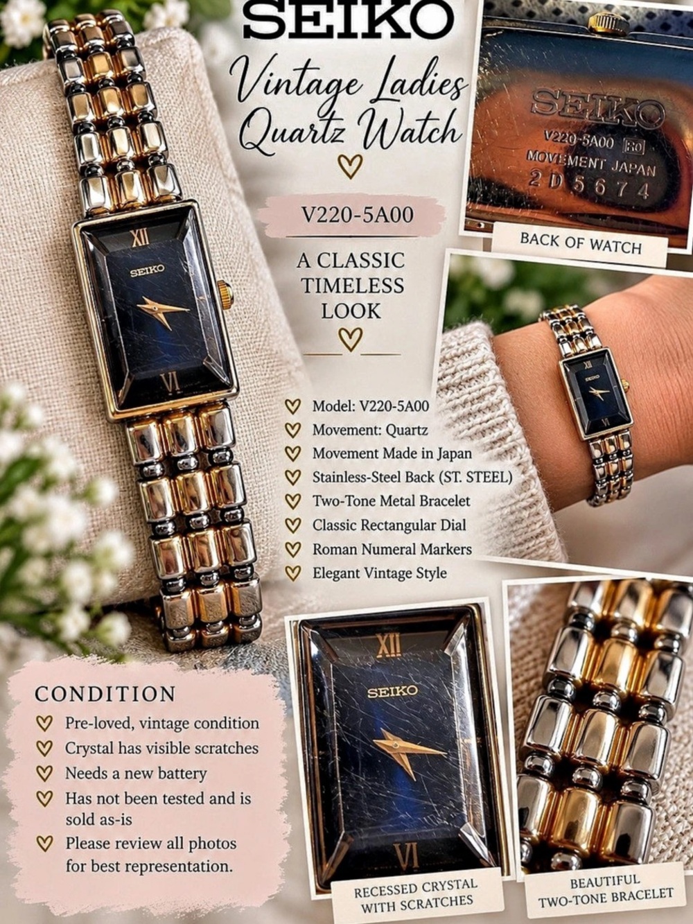 Seiko V220-5A00 Vintage Quartz Watch Black & Gold | Oh The Memories 1990’s